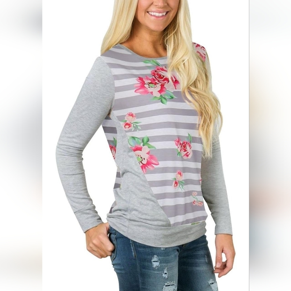 Women's Printed Floral Long Sleeve Spring Tee Shirt Tops Stripe Flowers Feminine